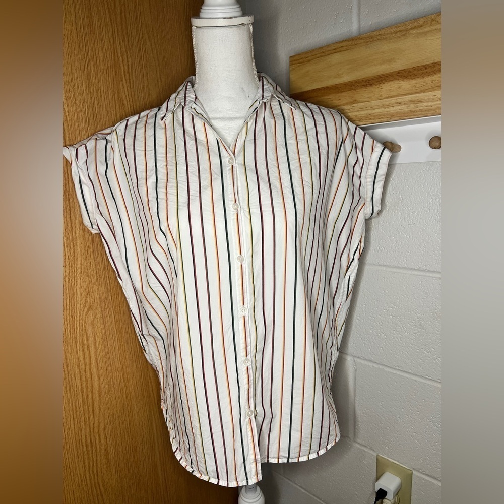 Madewell Womens Blouse Size XS White Striped Button Up Short Sleeve 100% Cotton - Picture 2 of 5